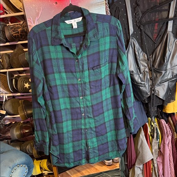 Old Navy Green and Navy Checkered Button-Down Shirt - Picture 1 of 5